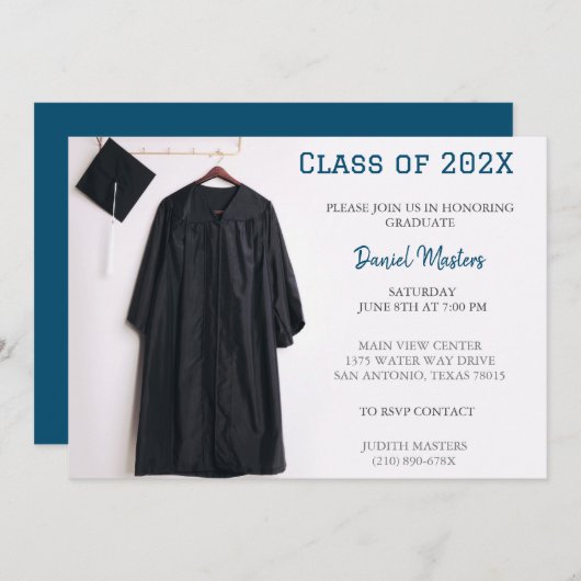 Blue Graduation Party pet en townuitnodiging Kaart (Voorkant / Achterkant)