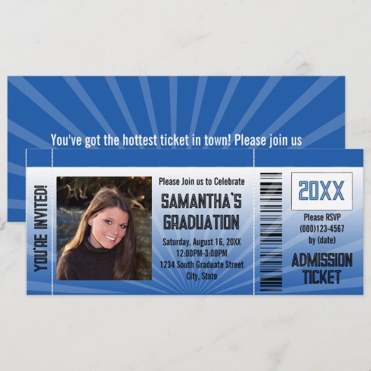 Blue Graduation Party Ticket Kaart (Voorkant / Achterkant)