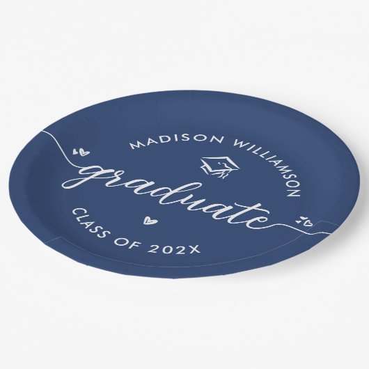 Blue Graduation Script Hearts Cap Icon Fun Modern Papieren Bordje (Gekanteld)