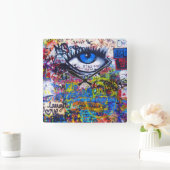 Blue graffiti evil eye vierkante klok (Huis)