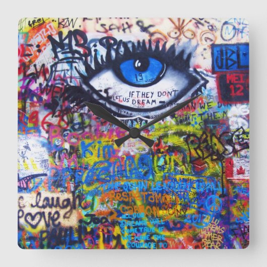 Blue graffiti evil eye vierkante klok (Voorkant)