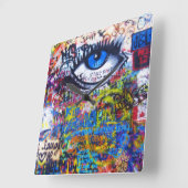 Blue graffiti evil eye vierkante klok (Hoek)
