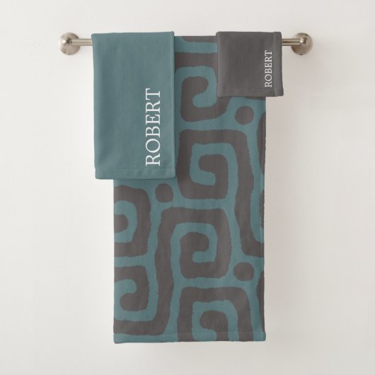Blue &Gray Abstract Pattern Custom Name  Bad Handdoek (Insitu)