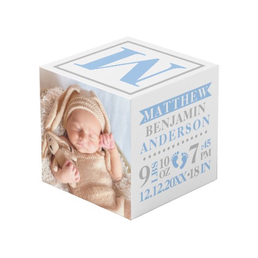 Blue Gray Birth Stats BABY Boy Keepomwille PHOTO Kubus (Achter hoekig)