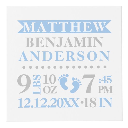 Blue Gray Birth Stats BABY Boy Keepomwille PHOTO Kubus (Voorkant)