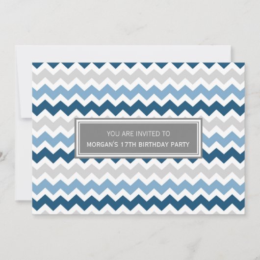 Blue Gray Chevron 17th Birthday Party Invitation Kaart (Voorkant)