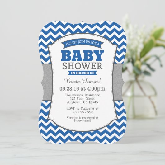 Blue Gray Chevron Baby shower Uitnodiging (Staand voorkant)