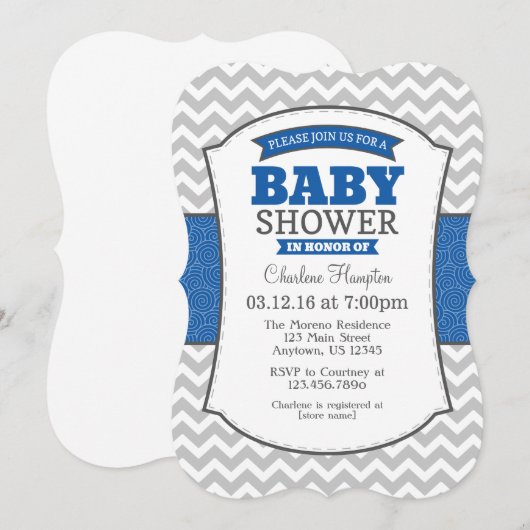Blue Gray Chevron Baby shower Uitnodiging (Voorkant / Achterkant)
