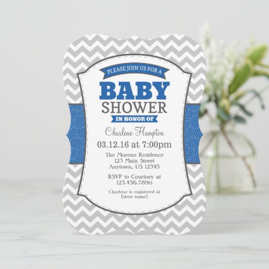 Blue Gray Chevron Baby shower Uitnodiging (Staand voorkant)