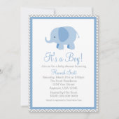 Blue Gray Chevron Elephant Boy Baby shower nodigt  Kaart (Voorkant)