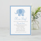 Blue Gray Chevron Elephant Boy Baby shower nodigt  Kaart (Staand voorkant)