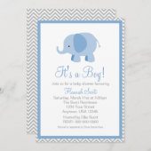 Blue Gray Chevron Elephant Boy Baby shower nodigt  Kaart (Voorkant / Achterkant)