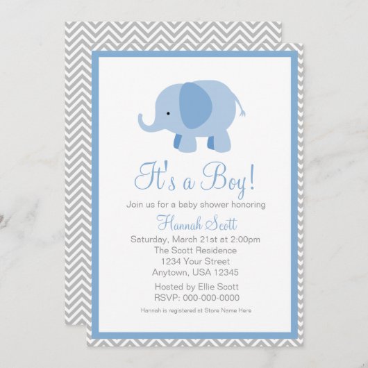 Blue Gray Chevron Elephant Boy Baby shower nodigt  Kaart (Voorkant / Achterkant)