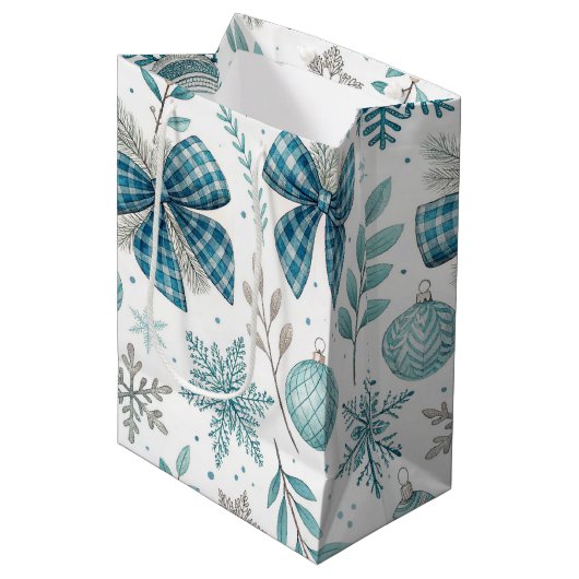 BLUE & GRAY CHRISTMAS BALLS & BOWS MEDIUM CADEAUZAKJE (Voorkant Gekanteld)