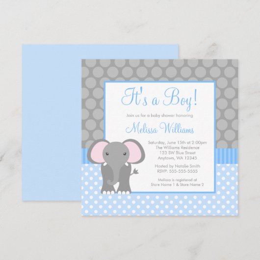 Blue Gray Elephant Polka Dot Boy Baby shower Kaart (Voorkant / Achterkant)
