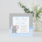 Blue Gray Elephant Polka Dot Boy Baby shower Kaart (Staand voorkant)