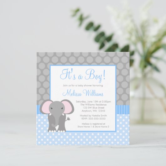 Blue Gray Elephant Polka Dot Boy Baby shower Kaart (Staand voorkant)