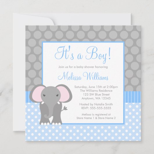 Blue Gray Elephant Polka Dot Boy Baby shower Kaart (Voorkant)