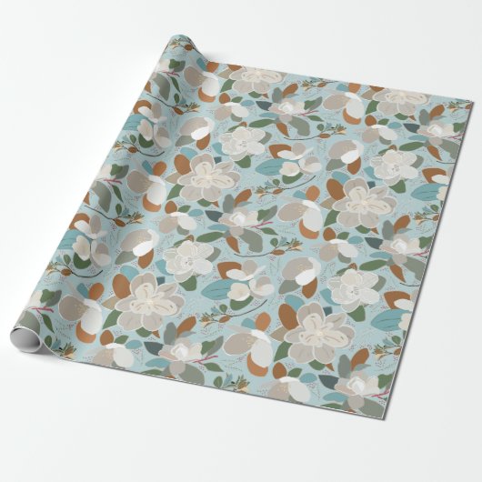 Blue Gray Floral Winter Magnolia Cadeaupapier (Uitgerold)