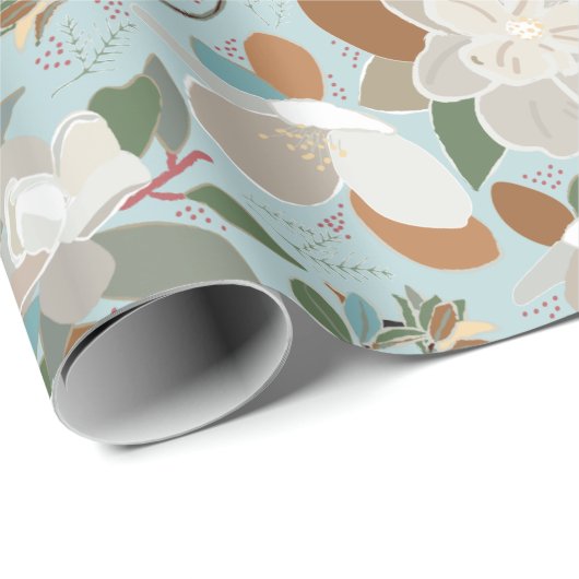 Blue Gray Floral Winter Magnolia Cadeaupapier (Rol Hoek)