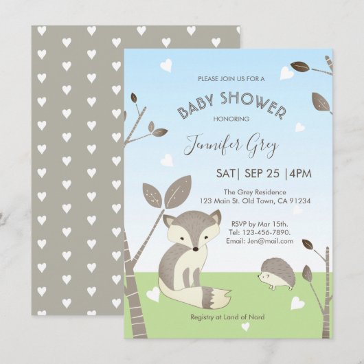 Blue Gray Fox Hedégel Boy Baby shower Uitnodiging (Voorkant / Achterkant)