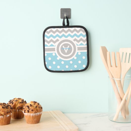 Blue Gray Polka Dot Chevron Pannenlap (Insitu(Ophanging))