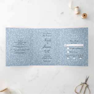 Blue Gray Princess Swirl Elegant Fairytale Wedding Drieluik Uitnodiging