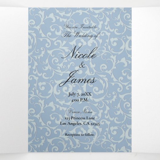 Blue Gray Princess Swirl Elegant Fairytale Wedding Drieluik Uitnodiging (Binnenkant midden)