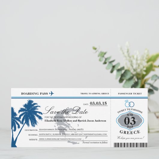 Blue Greece Boarding Pass Save the Date (Staand voorkant)