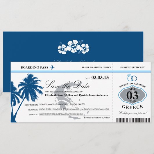 Blue Greece Boarding Pass Save the Date (Voorkant / Achterkant)
