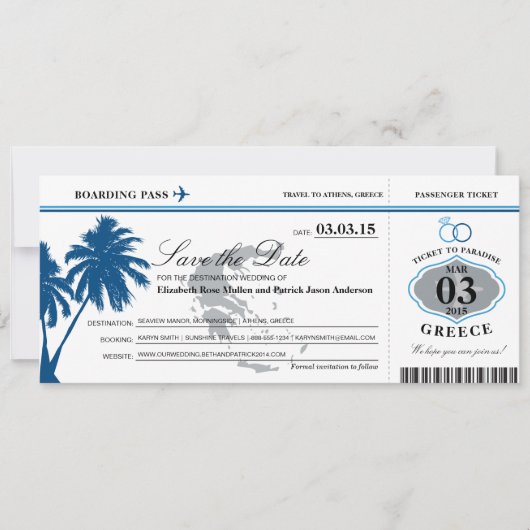 Blue Greece Boarding Pass Save the Date (Voorkant)