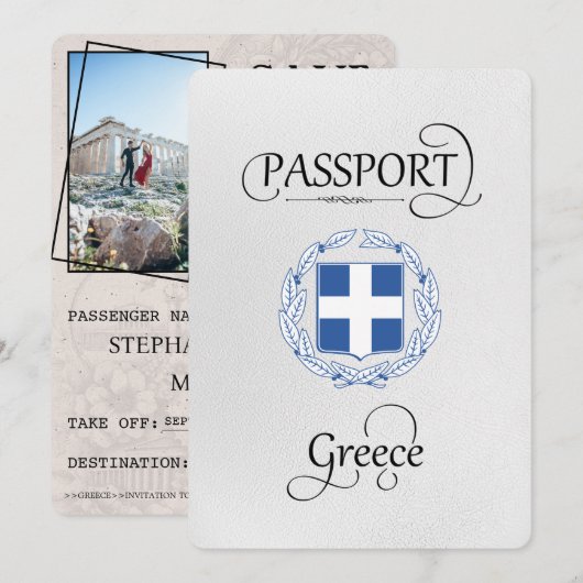 Blue Greece Seal Passport Save the Date Kaart (Voorkant / Achterkant)