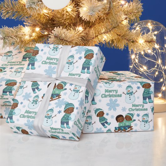 Blue & Green African American Boys Merry Christmas Cadeaupapier (Feestdagen)