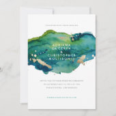 Blue Green and Gold Splatter Wedding Invitation Kaart (Voorkant)