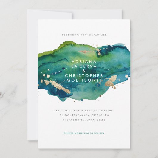 Blue Green and Gold Splatter Wedding Invitation Kaart (Voorkant)