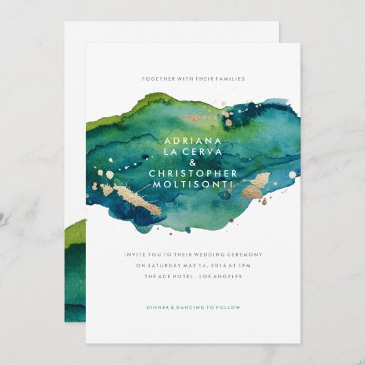 Blue Green and Gold Splatter Wedding Invitation Kaart (Voorkant / Achterkant)