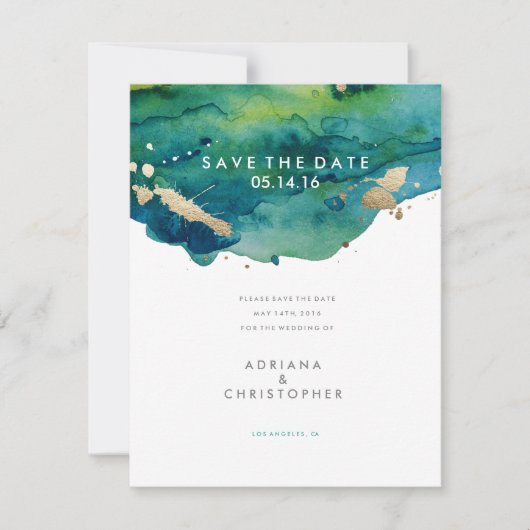 Blue Green and Gold Splatter Wedding Save the Date (Voorkant)