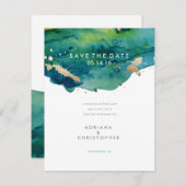 Blue Green and Gold Splatter Wedding Save the Date (Voorkant / Achterkant)
