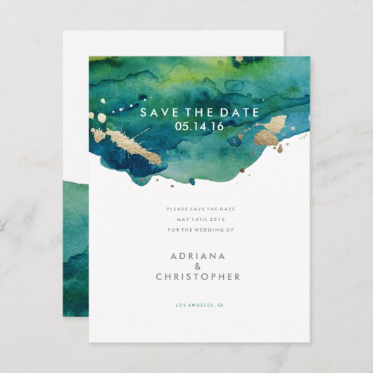 Blue Green and Gold Splatter Wedding Save the Date (Voorkant / Achterkant)