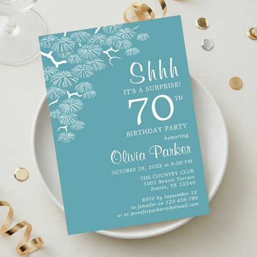 Blue Green Aqua Pine Branch Surprise 70th Birthday Kaart