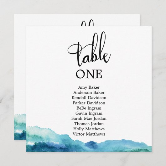 Blue Green Aqua Waterverf Table Number Kaart (Voorkant / Achterkant)