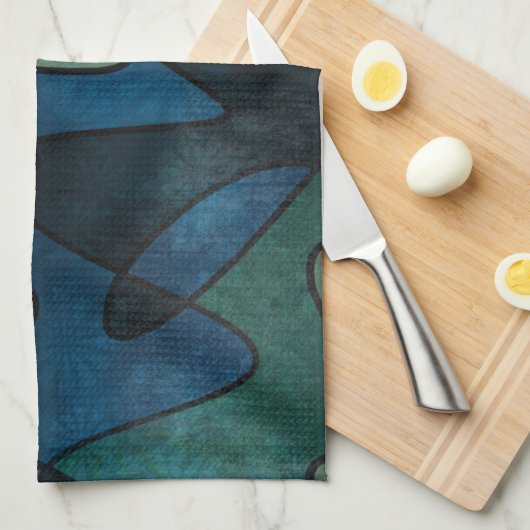 Blue Green Blauwgroen Digital Glas in lood Abstrac Theedoek (Quarter Fold)