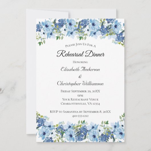 Blue Green Boho Waterverf Floral Rehearsal Dinner Kaart (Voorkant)