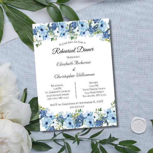 Blue Green Boho Waterverf Floral Rehearsal Dinner Kaart