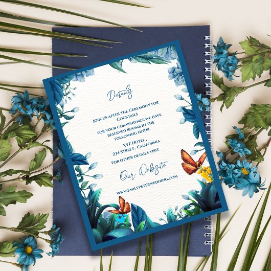Blue Green Botanical Butterfly Wedding Details Informatiekaartje