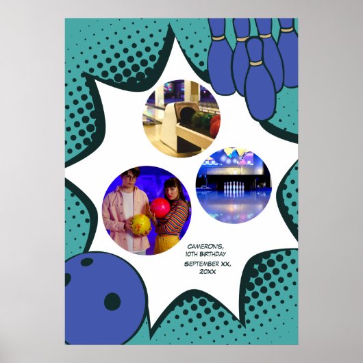 Blue-Green Bowling 10th Birthday Photo Collage Poster (Voorkant)