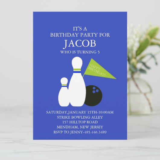 Blue & Green Bowling Party Verjaardag Uitnodiging (Staand voorkant)