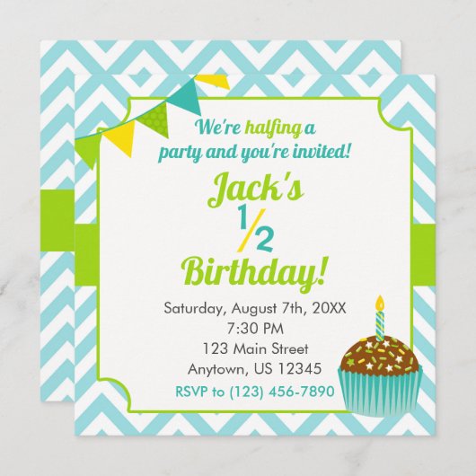 Blue Green Boy Half Birthday Fotouitnodiging Kaart (Voorkant / Achterkant)