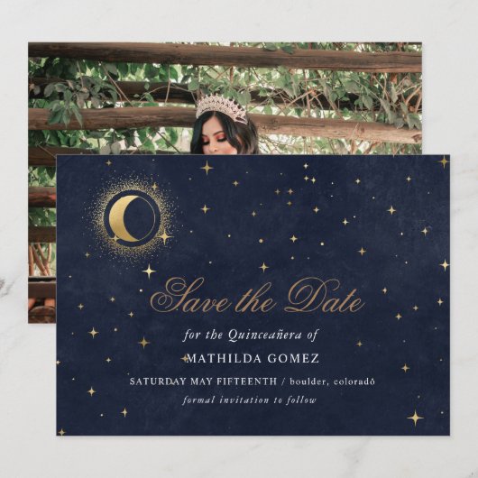 Blue Green Celestial Quinceañera bewaar de datum Kaart (Voorkant / Achterkant)