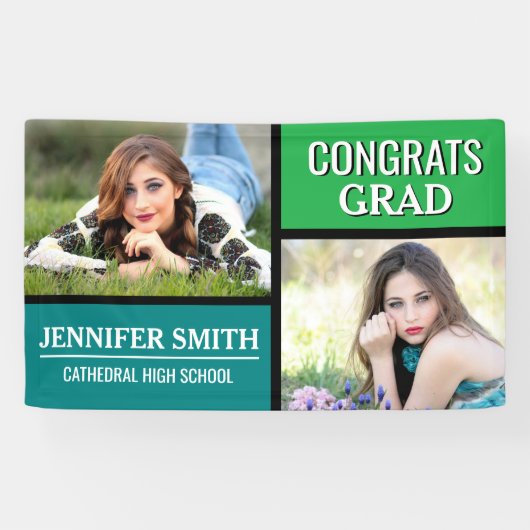 Blue Green Color Block Photo Graduparty Spandoek (Horizontaal)